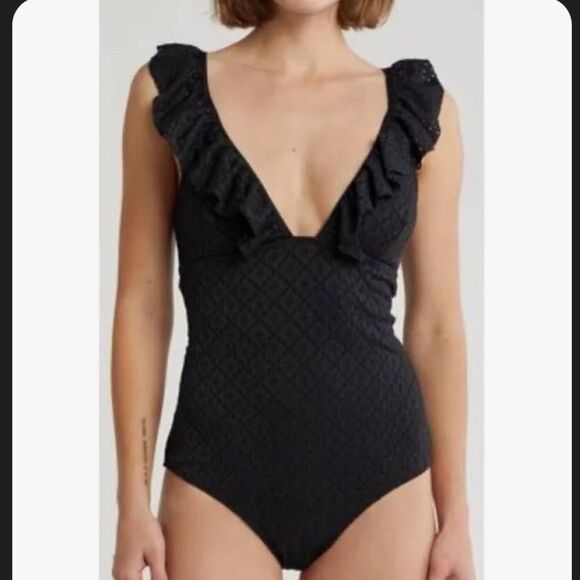 Betsey Johnson Deep V Swimsuit with Ruffled Trim - Picture 14 of 15